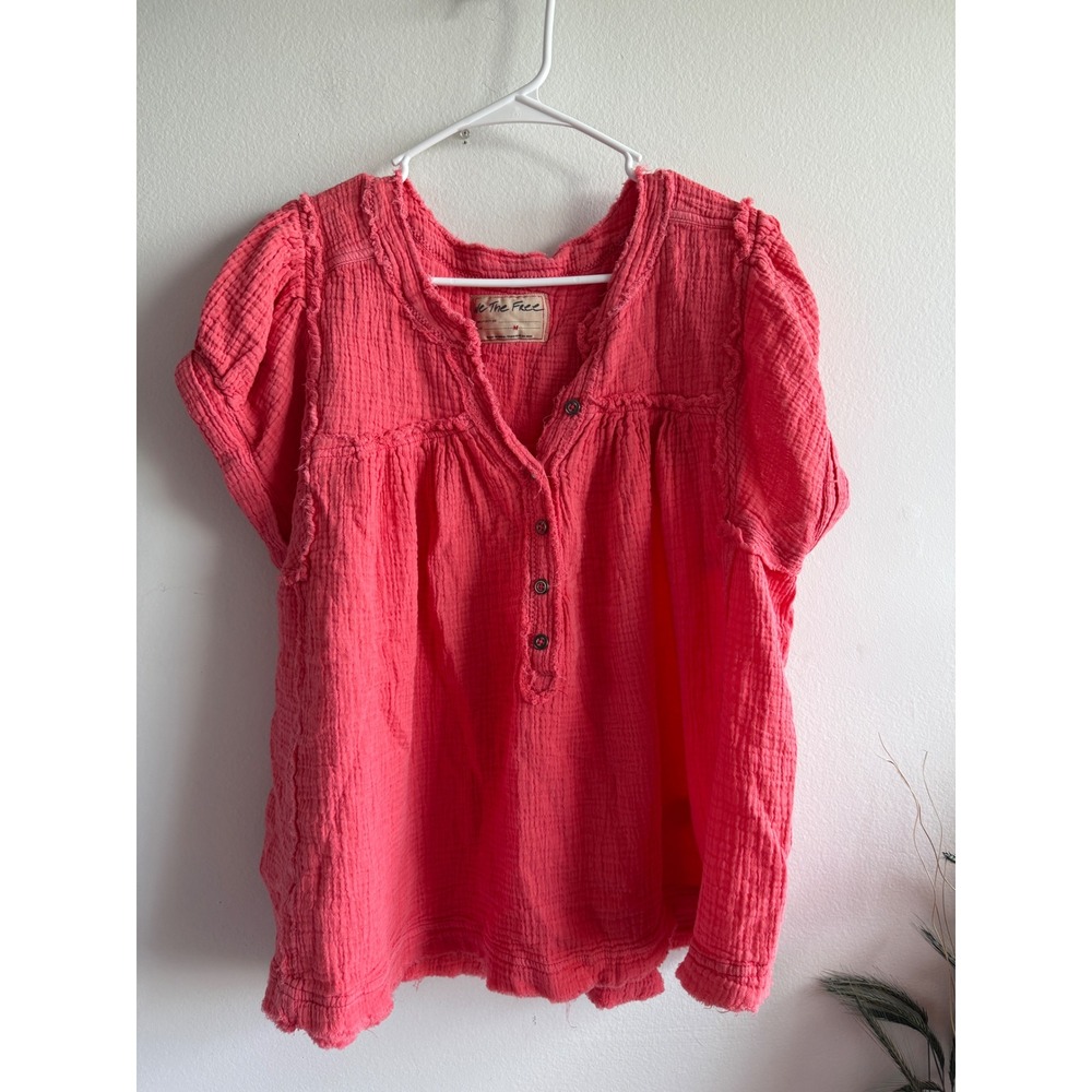 We The Free People Coral Pink Gauze Cotton Henley Boho Top Medium 4240